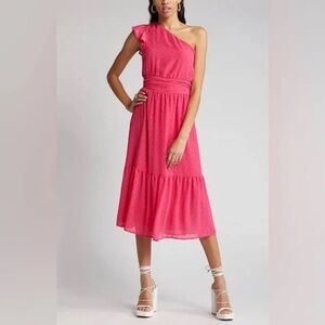 Chelsea28 Swiss Dot One shoulder midi dress